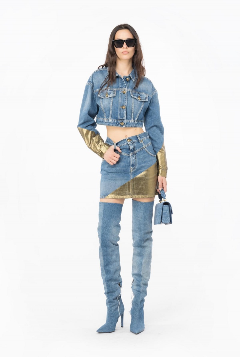 LIGHT BLUE/GOLD Pinko Golden denim mini skirt | XMYGW75596