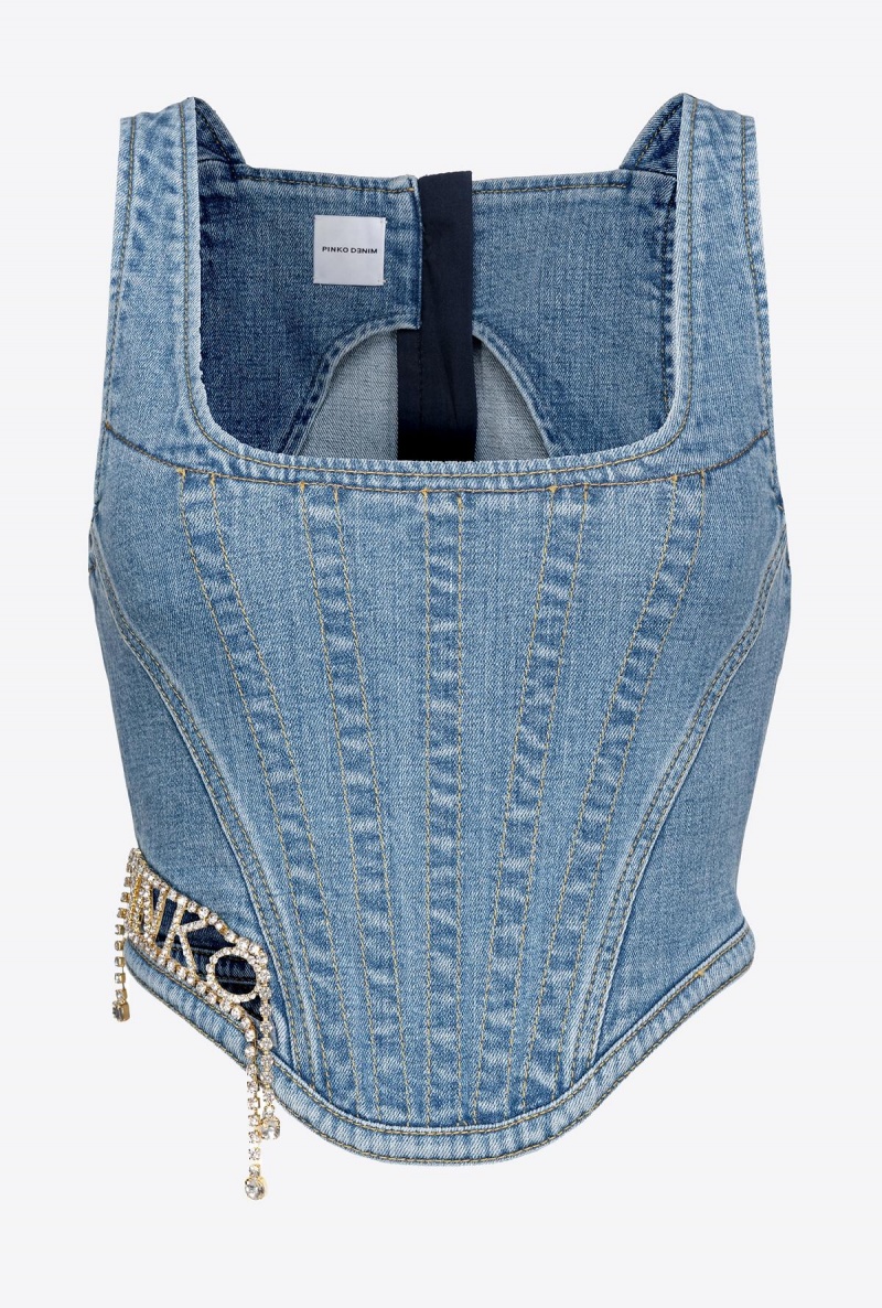 LIGHT VINTAGE WASH Pinko Denim bustier top with rhinestone logo | XMYGW75528