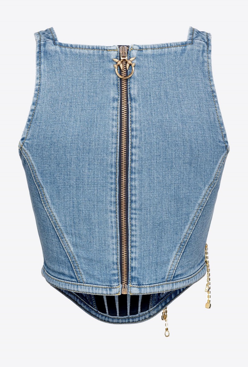 LIGHT VINTAGE WASH Pinko Denim bustier top with rhinestone logo | XMYGW75528