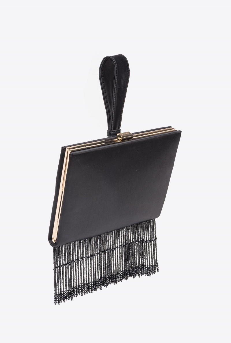 LIMO BLACK-SHINY GOLD Pinko Fringed satin handbag | MYCIF50522