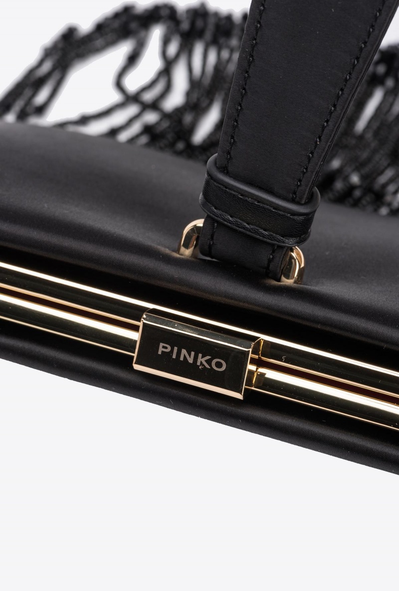 LIMO BLACK-SHINY GOLD Pinko Fringed satin handbag | MYCIF50522