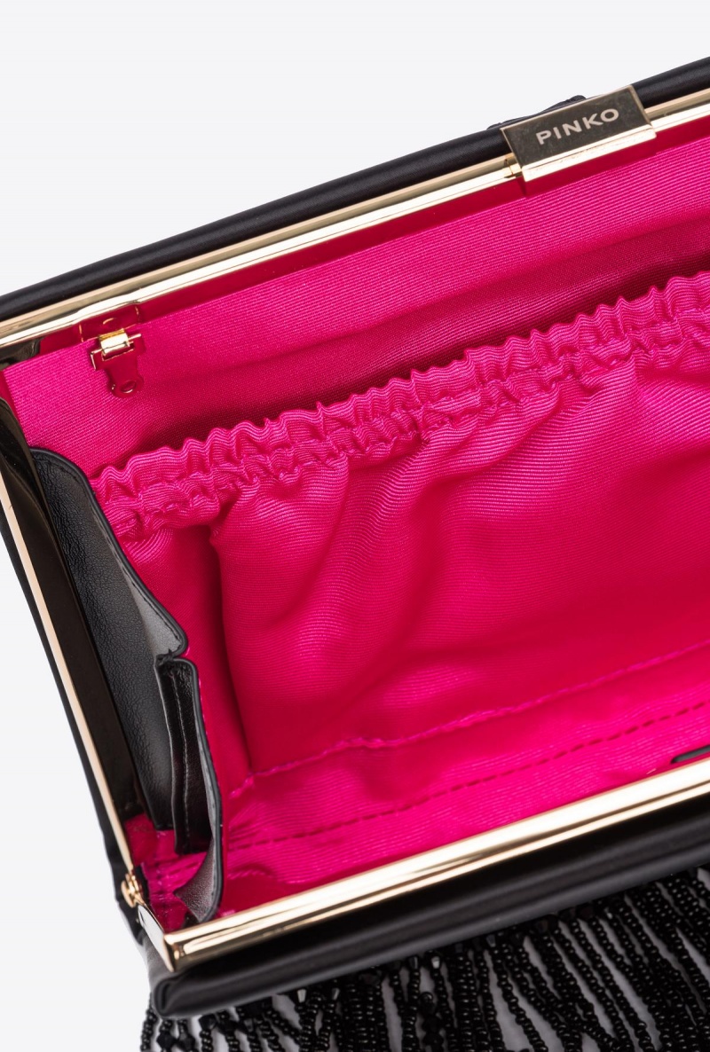 LIMO BLACK-SHINY GOLD Pinko Fringed satin handbag | MYCIF50522