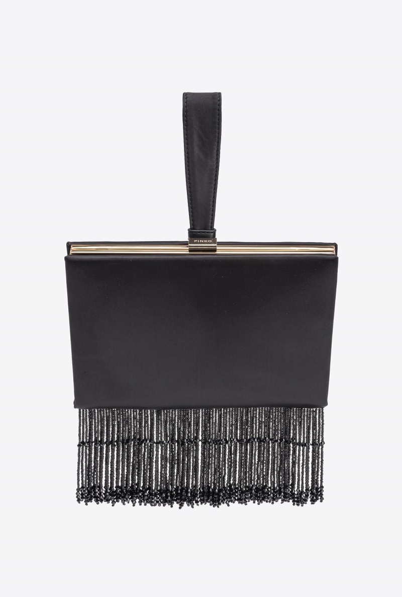 LIMO BLACK-SHINY GOLD Pinko Fringed satin handbag | MYCIF50522