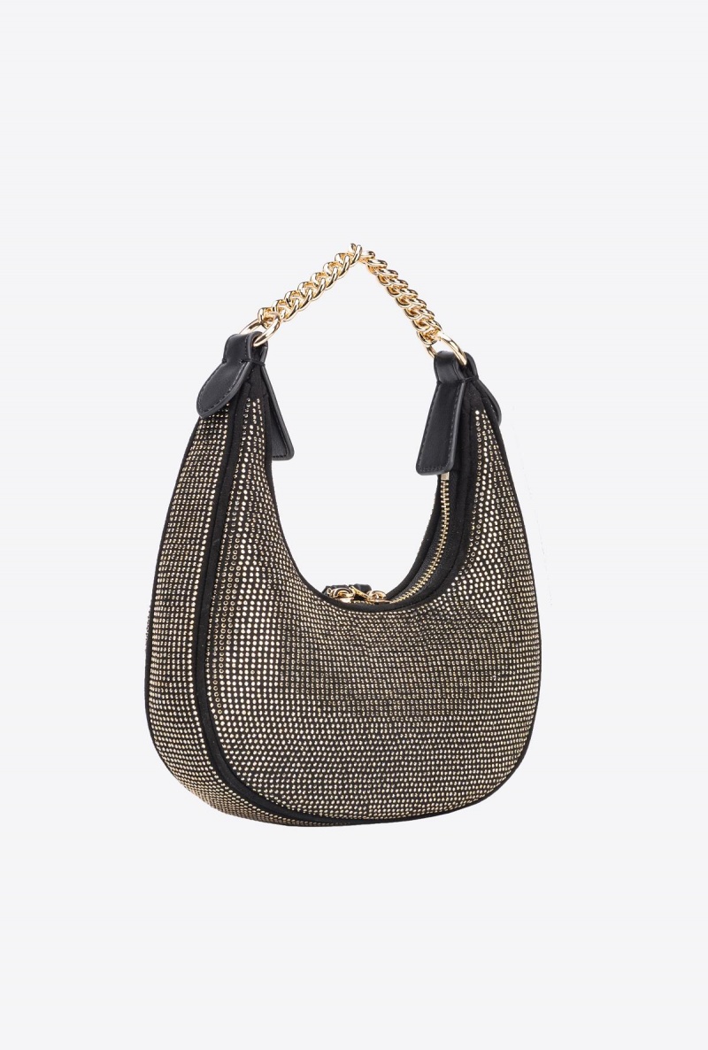 LIMO BLACK-SHINY GOLD Pinko Fully rhinestoned mini Brioche Bag Hobo | XMYBH92549