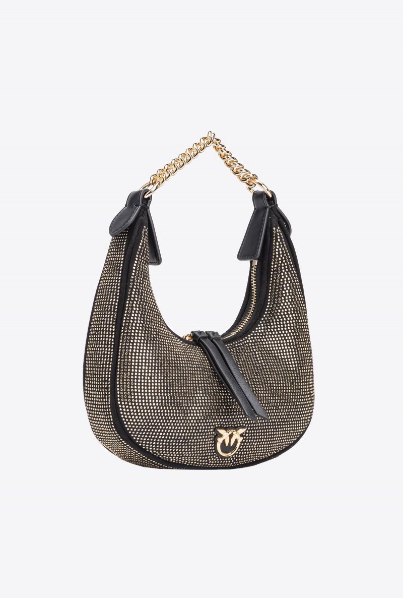 LIMO BLACK-SHINY GOLD Pinko Fully rhinestoned mini Brioche Bag Hobo | XMYBH92549