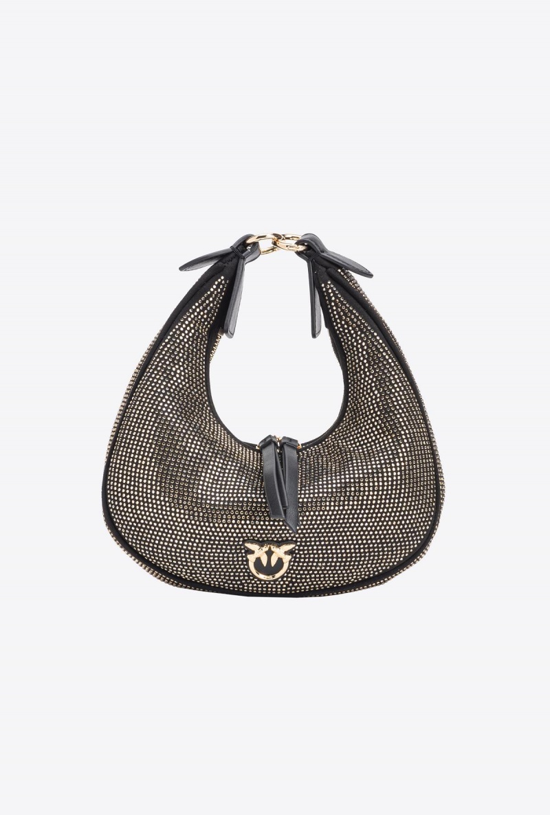 LIMO BLACK-SHINY GOLD Pinko Fully rhinestoned mini Brioche Bag Hobo | XMYBH92549