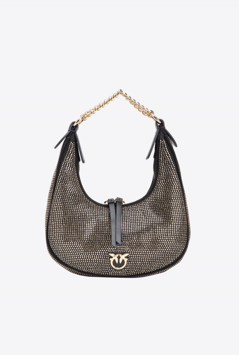 LIMO BLACK-SHINY GOLD Pinko Fully rhinestoned mini Brioche Bag Hobo | XMYBH92549