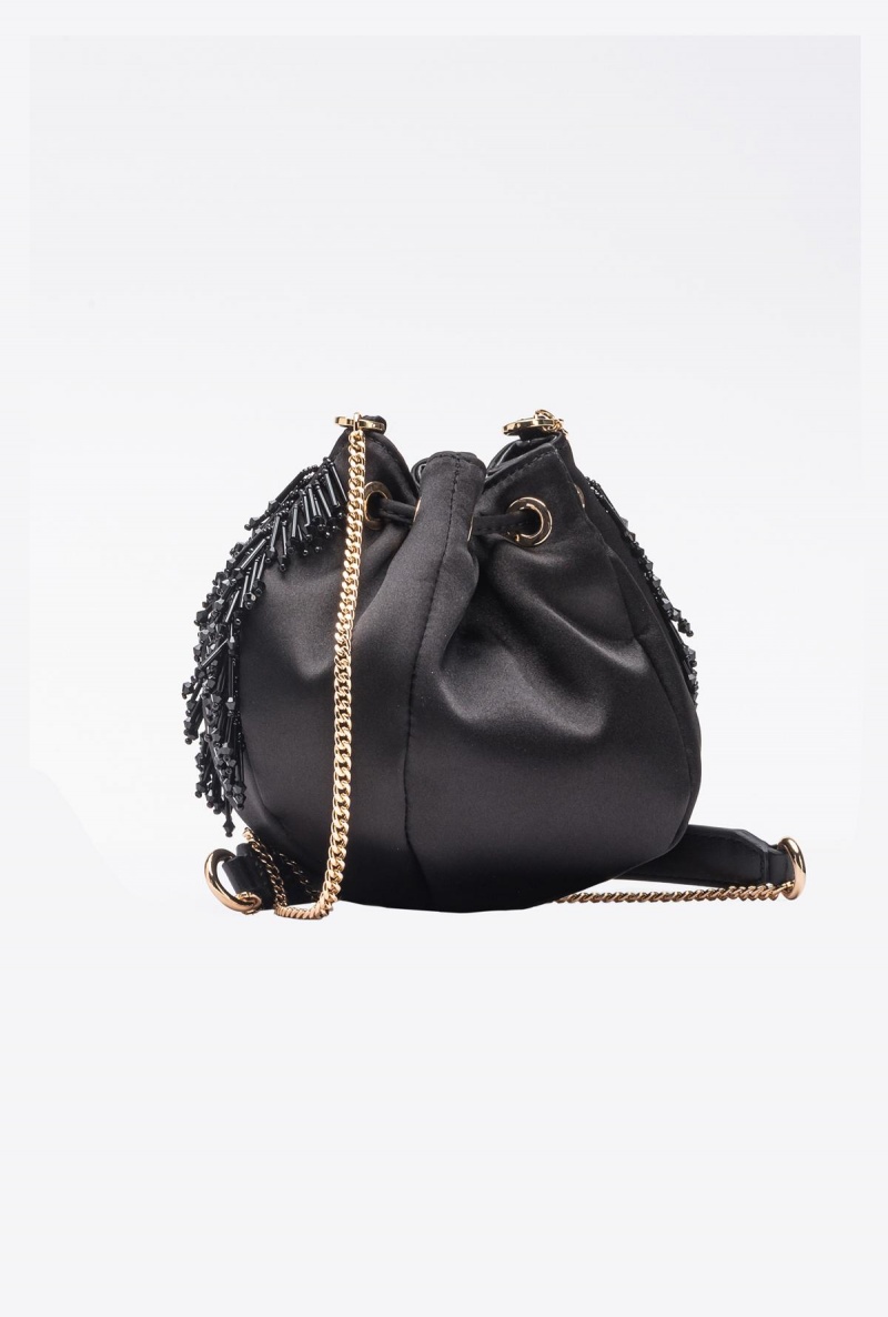 LIMO BLACK-SHINY GOLD Pinko Mini Satchel Bag in satin with fringe | MYCIF55839