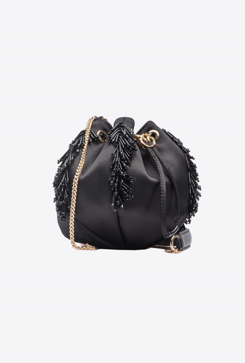 LIMO BLACK-SHINY GOLD Pinko Mini Satchel Bag in satin with fringe | MYJZR71573