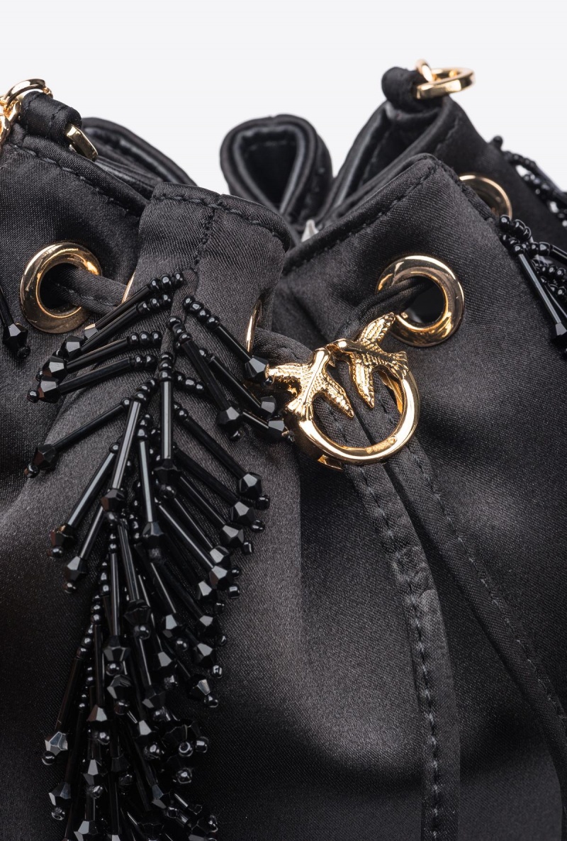 LIMO BLACK-SHINY GOLD Pinko Mini Satchel Bag in satin with fringe | MYJZR71573