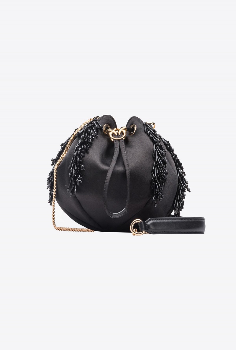 LIMO BLACK-SHINY GOLD Pinko Mini Satchel Bag in satin with fringe | MYJZR71573