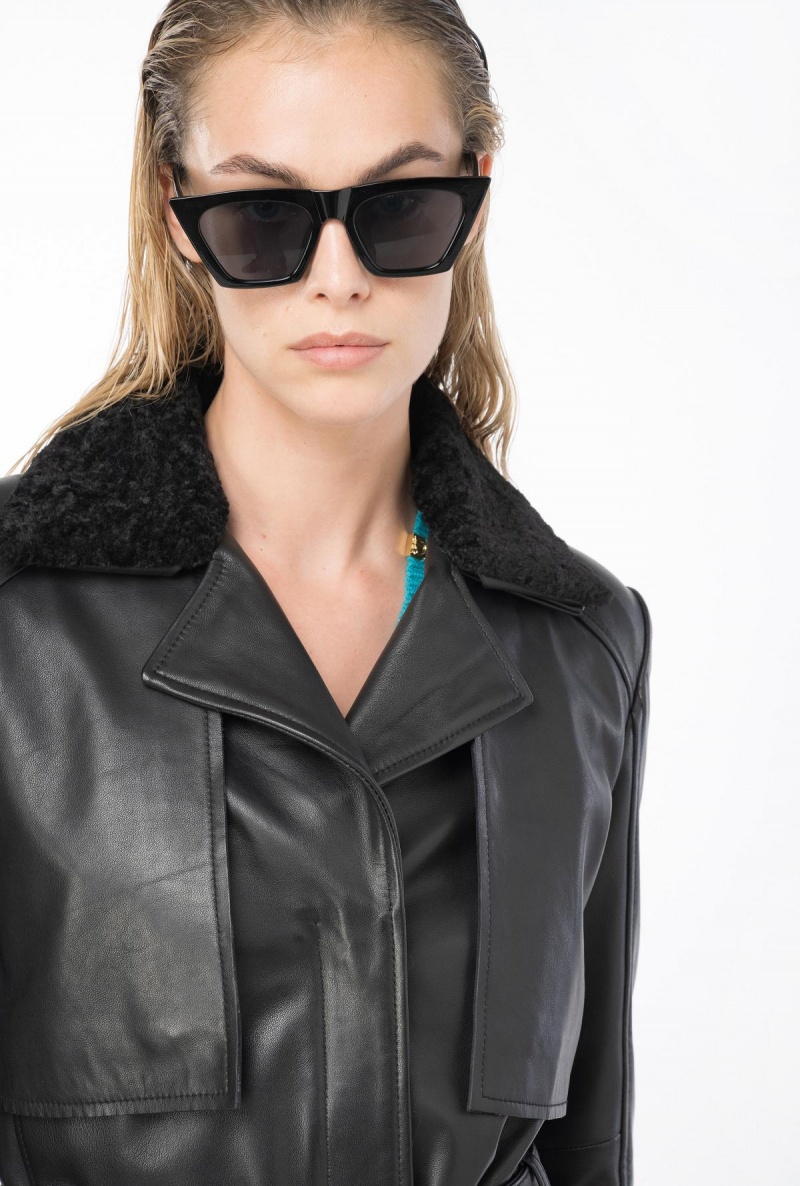 LIMO BLACK Pinko Biker jacket with faux sheepskin collar | TMYPQ80705
