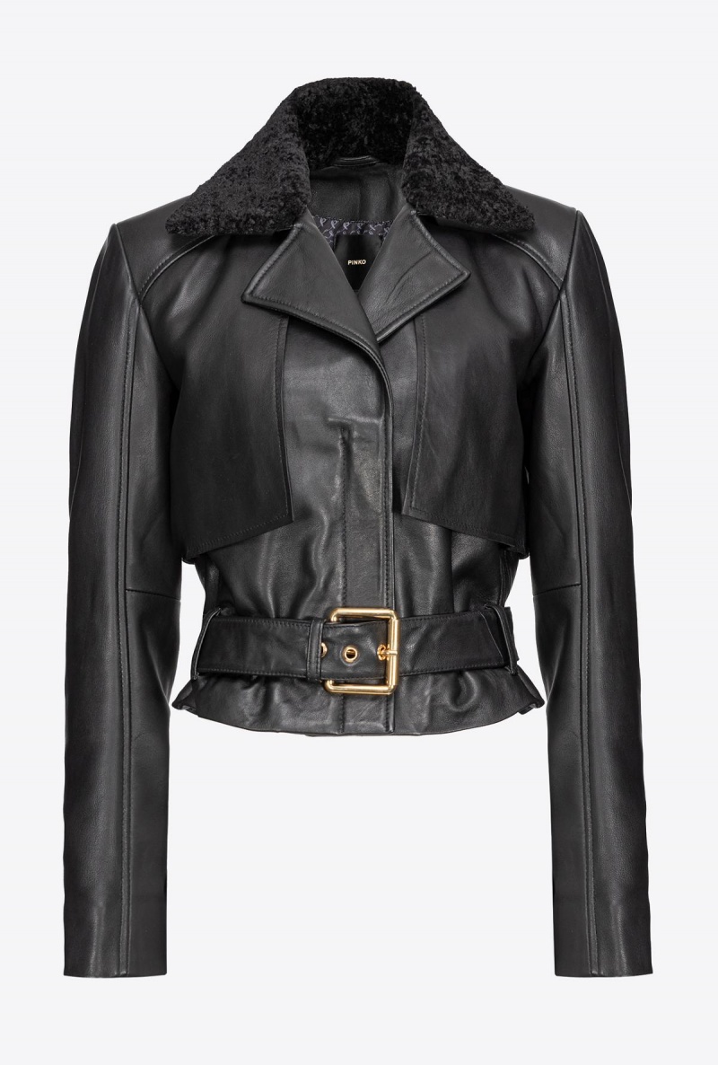 LIMO BLACK Pinko Biker jacket with faux sheepskin collar | TMYPQ80705