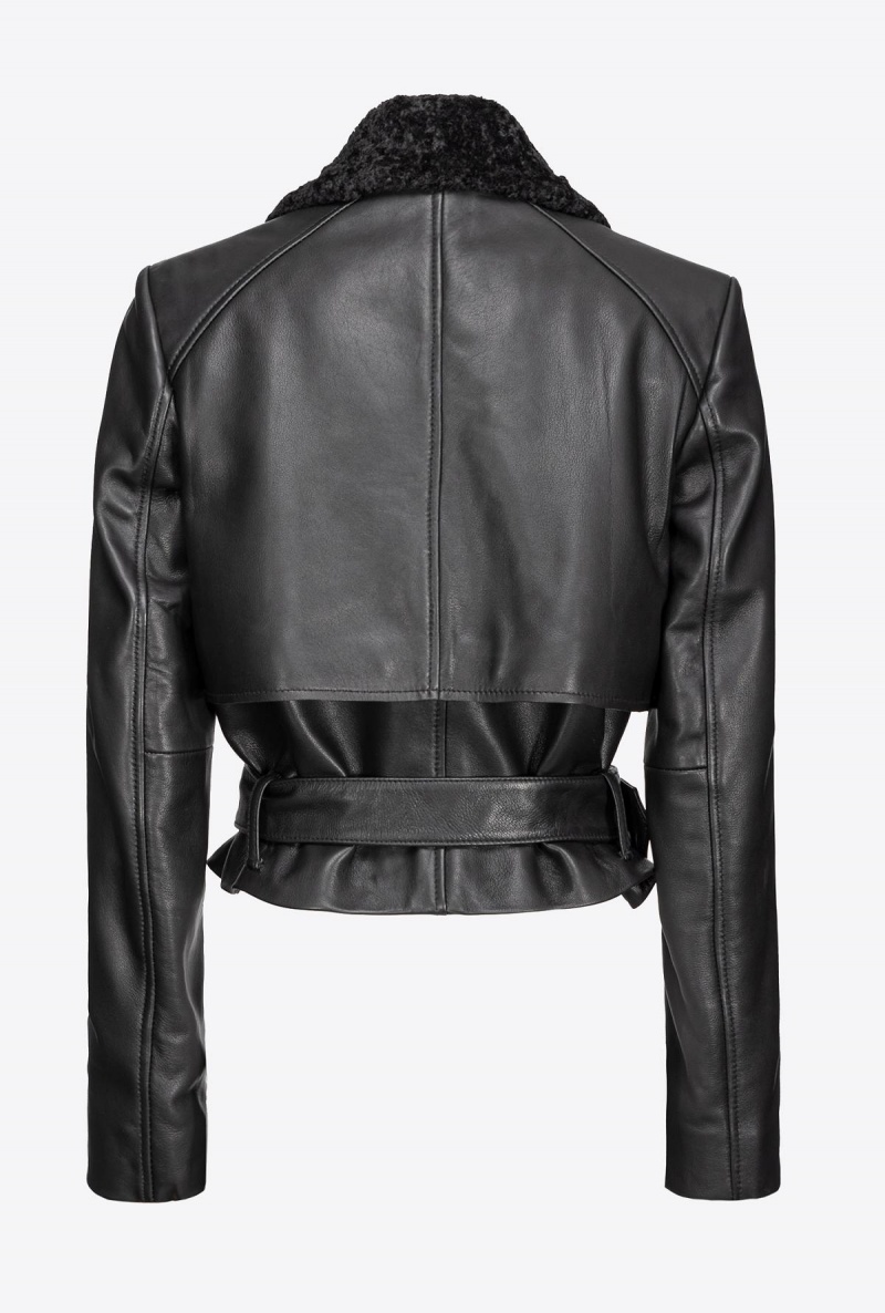 LIMO BLACK Pinko Biker jacket with faux sheepskin collar | TMYPQ80705