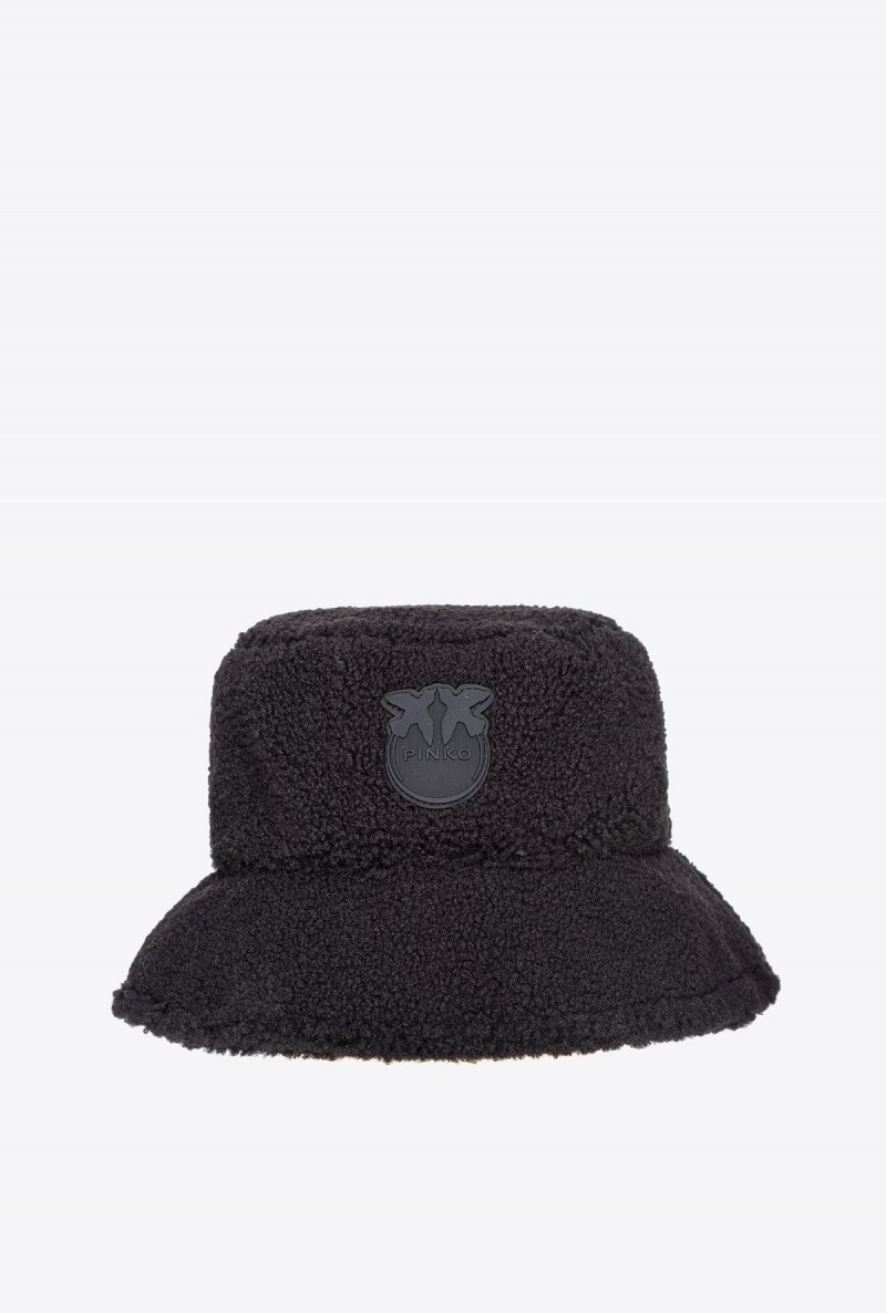 LIMO BLACK Pinko Faux fur bucket hat with logo patch | MYNZX22322
