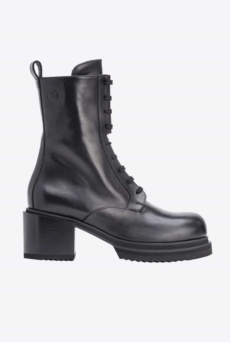 LIMO BLACK Pinko Leather combat boots with Love Birds logo | GMYEC75872