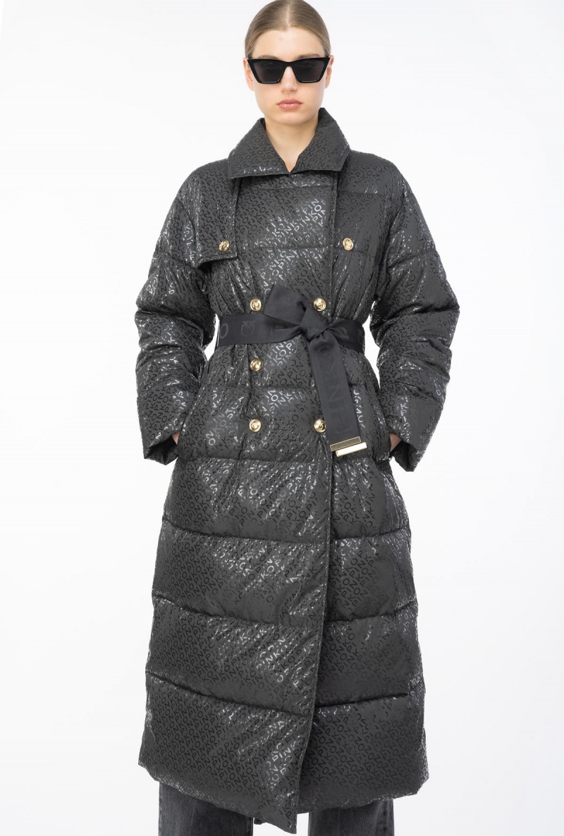 LIMO BLACK Pinko Long down jacket with glossy logo print | MYXMI56997