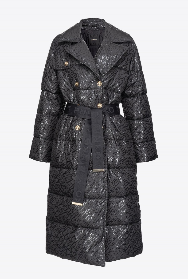 LIMO BLACK Pinko Long down jacket with glossy logo print | MYXMI56997