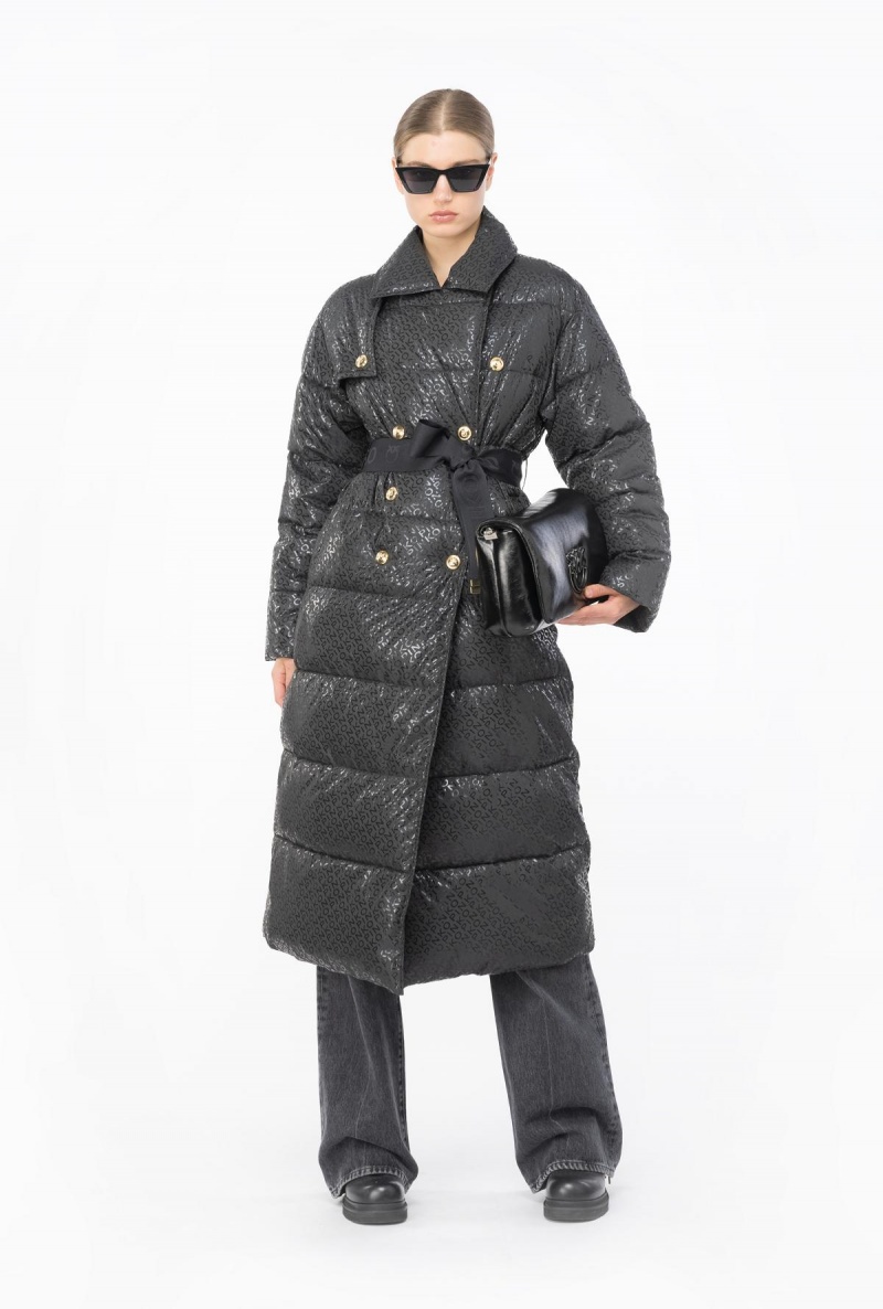 LIMO BLACK Pinko Long down jacket with glossy logo print | MYXMI56997