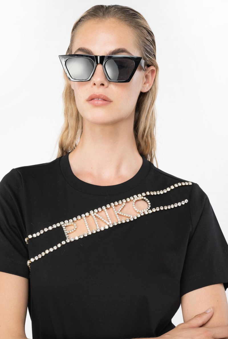 LIMO BLACK Pinko Rhinestone logo T-shirt | MYEAH77569