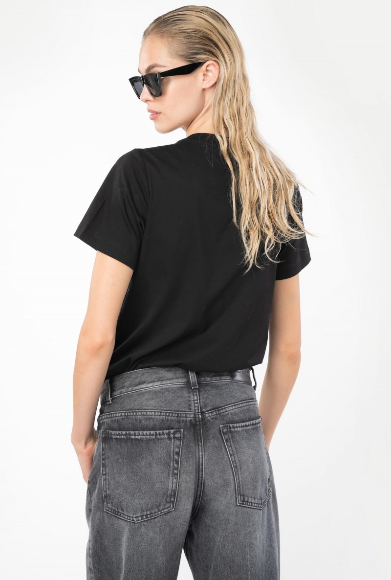 LIMO BLACK Pinko Rhinestone logo T-shirt | MYEAH77569