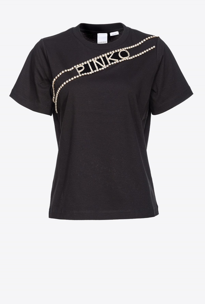 LIMO BLACK Pinko Rhinestone logo T-shirt | MYEAH77569