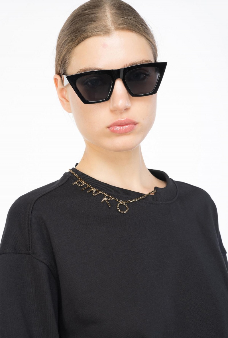 LIMO BLACK Pinko Sweatshirt with rhinestone necklace detail | MYEGJ43486