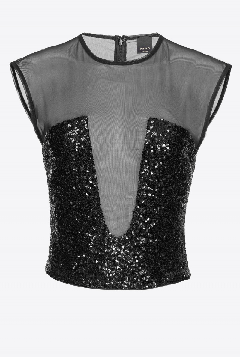 LIMO BLACK Pinko Tulle top with sequin embroidery | QMYUV95104
