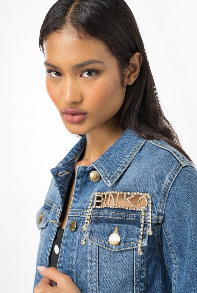 MEDIUM LIGHT WASH Pinko Denim jacket with rhinestone logo | MYQAV67095