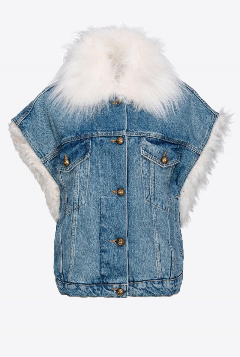 MEDIUM VINTAGE WASH Pinko Sleeveless denim jacket with faux fur | MYJZR48326