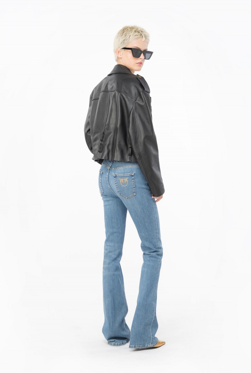 MID WASH Pinko Flared blue stretch denim jeans with Love Birds embroidery | LMYTR87025