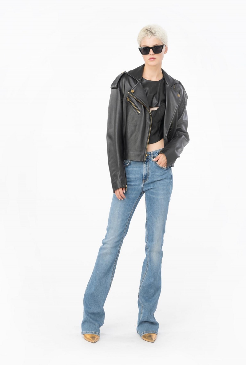 MID WASH Pinko Flared blue stretch denim jeans with Love Birds embroidery | LMYTR87025