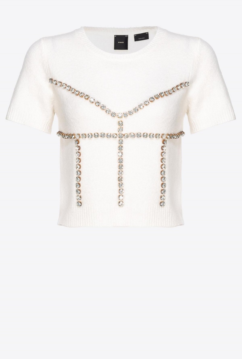 MILK WHITE Pinko Rhinestoned wool sweater | UMYND19332