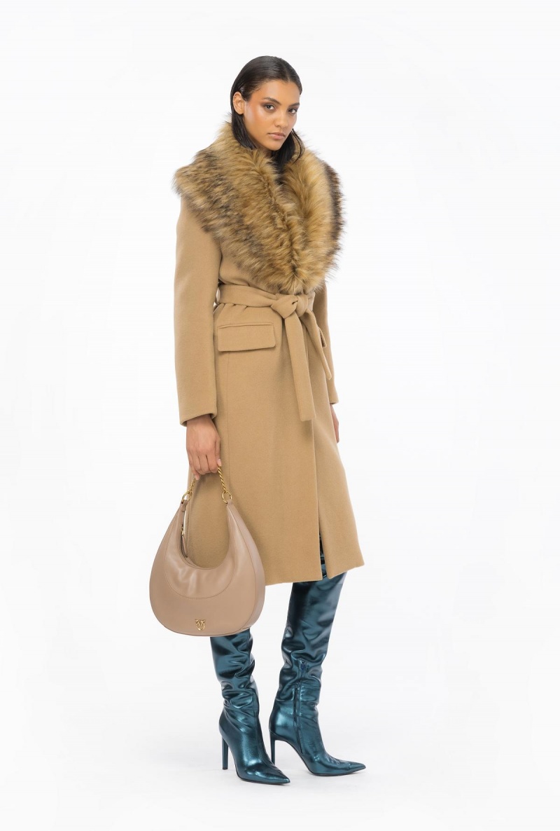 MOCHA CAMEL Pinko Coat with faux fur collar | MMYHR51604