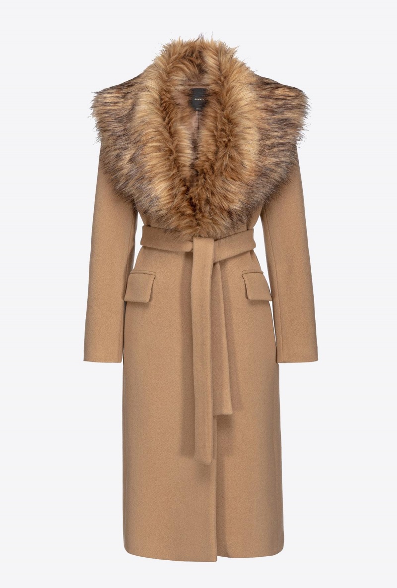 MOCHA CAMEL Pinko Coat with faux fur collar | MMYHR51604