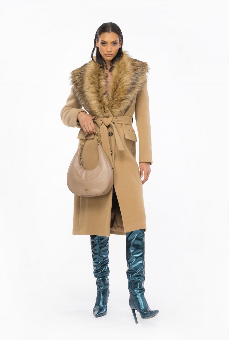 MOCHA CAMEL Pinko Coat with faux fur collar | MMYHR51604