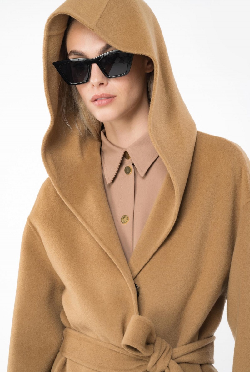 MOCHA CAMEL Pinko Long cloth coat with hood | ZMYMJ56812