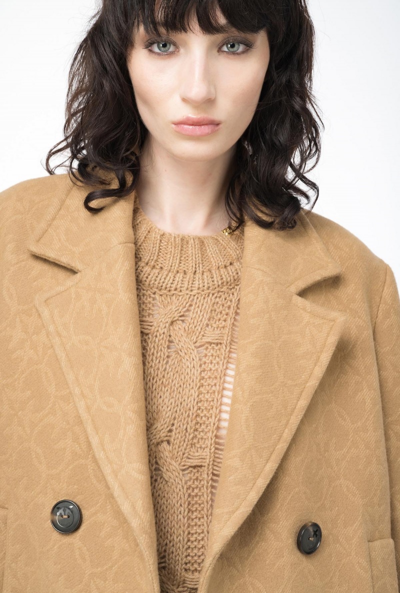 MOCHA CAMEL Pinko Monogrammed jacquard pea coat | MYNEJ96106
