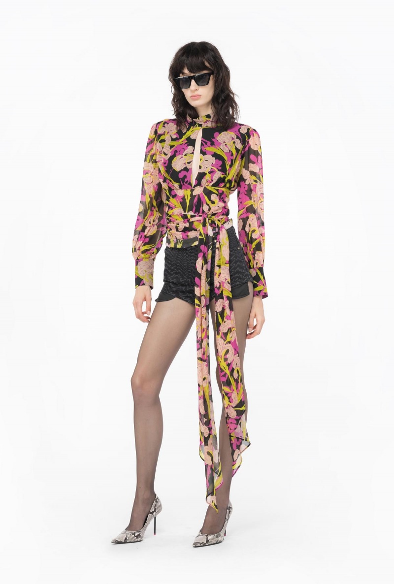 MULTICOLOUR - BLACK/FUCHSIA Pinko Iris-print blouse with cut-out | AMYWC50405