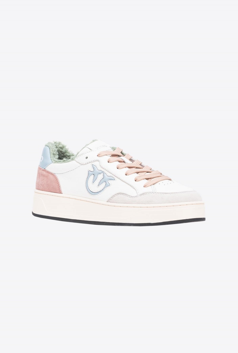 OFF WHITE/BEIGE/MINT Pinko Faux fur basketball sneakers with logo | QMYUV43155
