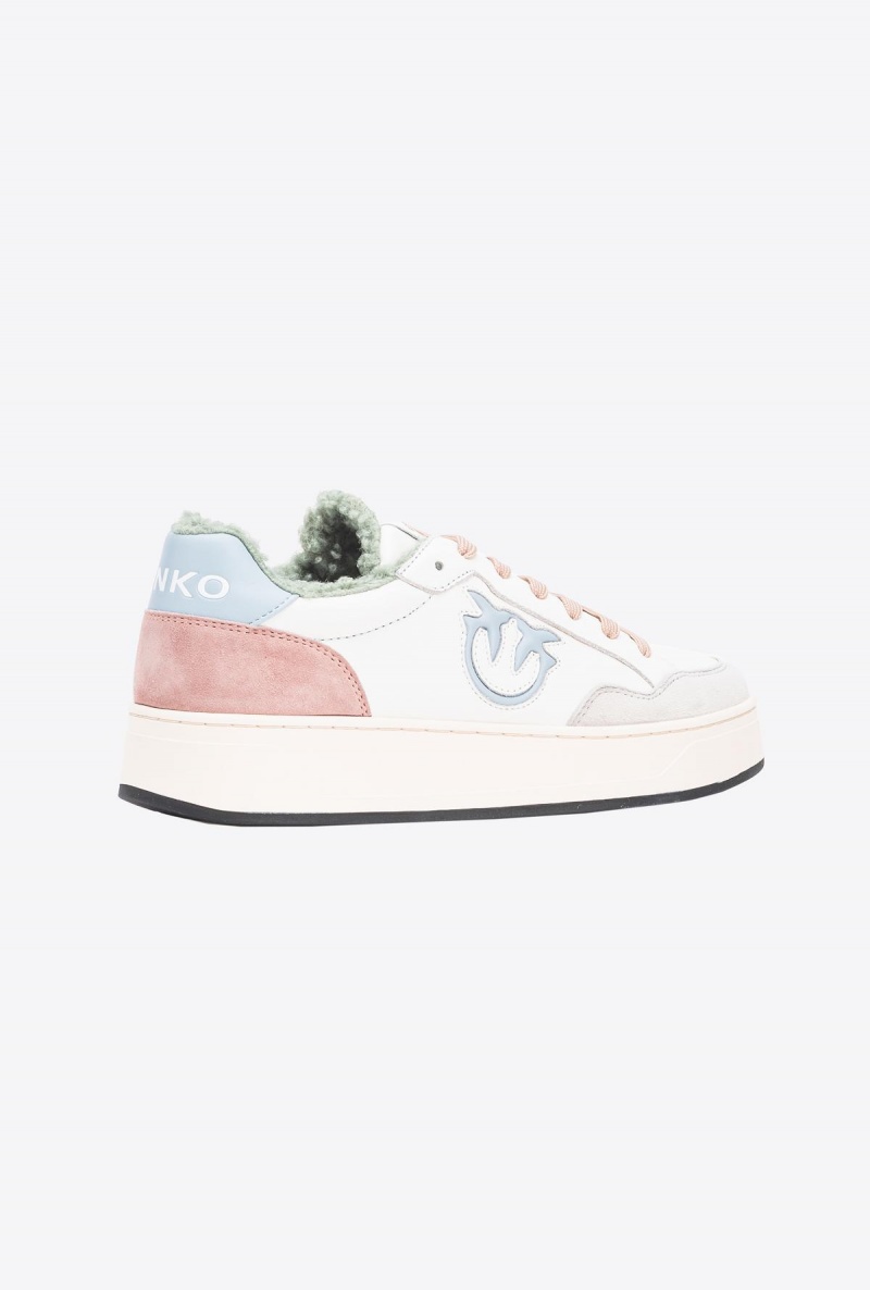 OFF WHITE/BEIGE/MINT Pinko Faux fur basketball sneakers with logo | QMYUV43155