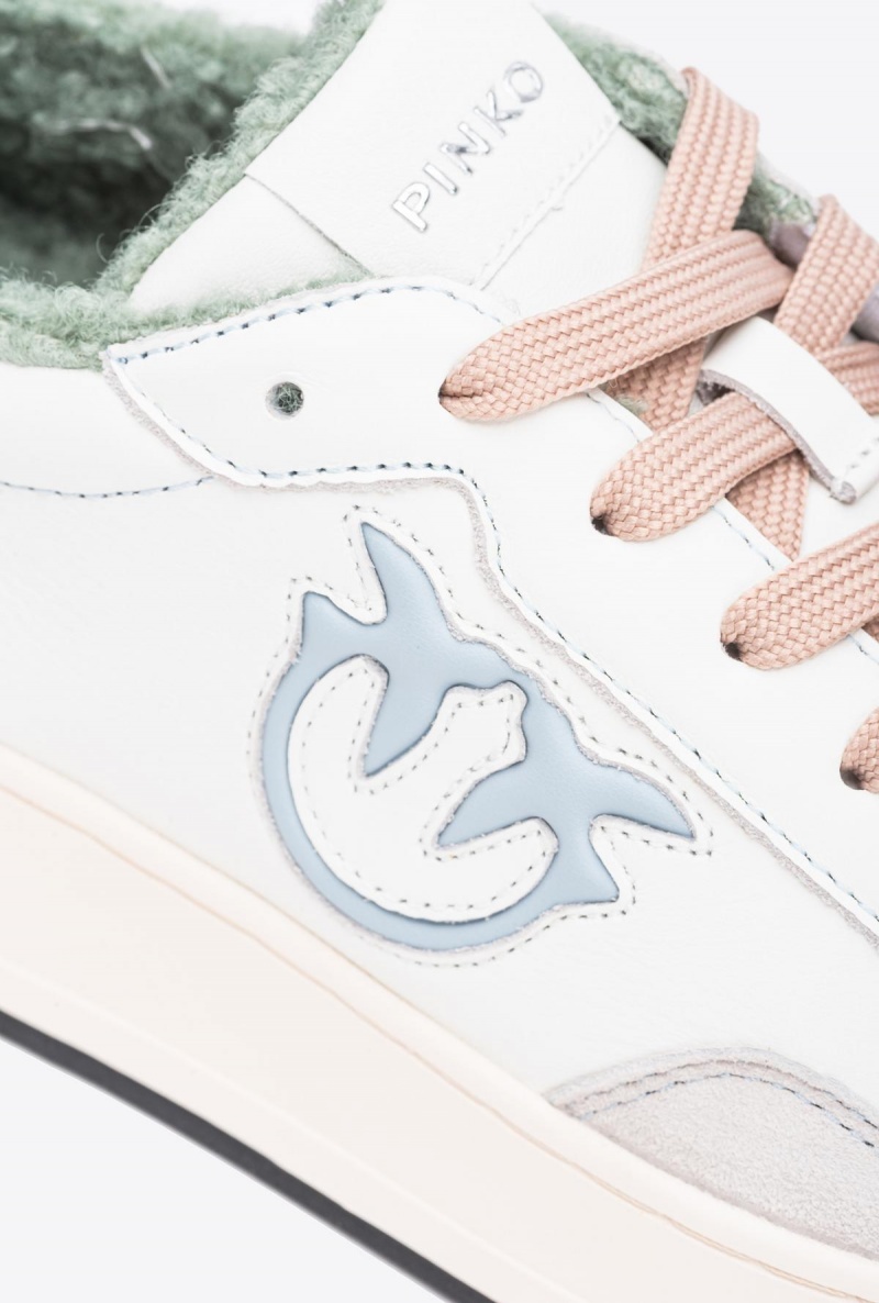 OFF WHITE/BEIGE/MINT Pinko Faux fur basketball sneakers with logo | QMYUV43155