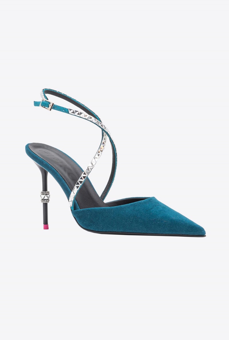PETROL BLUE-PACIFIC BLUE Pinko Velvet slingbacks with rhinestones | SMYVO88685