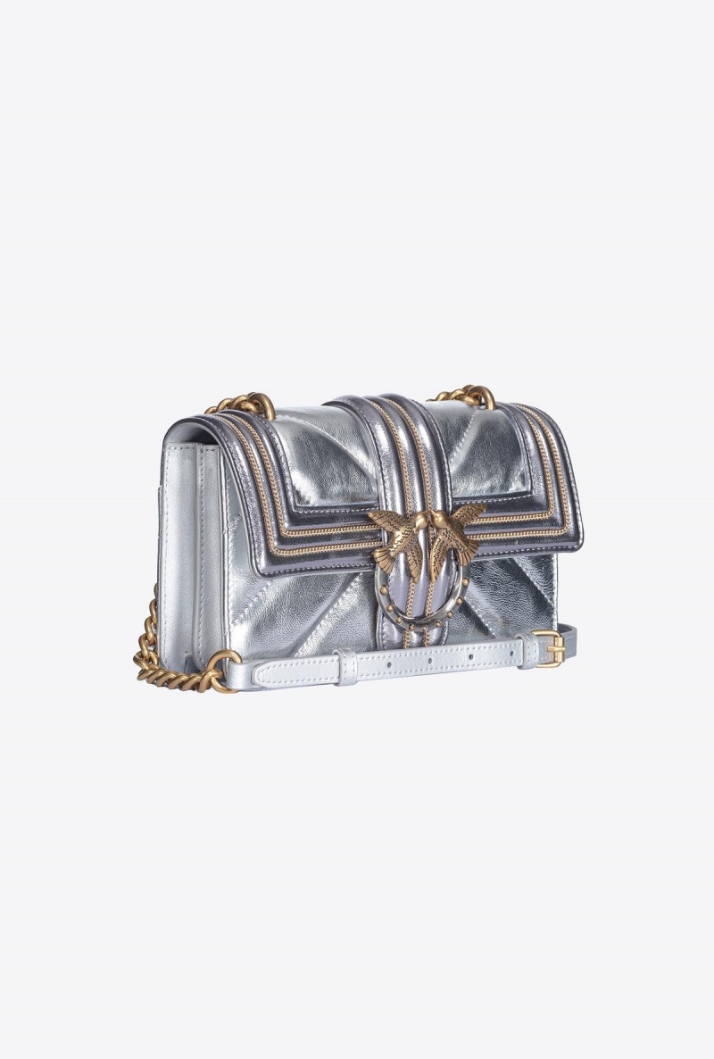 SILVER-ANTIQUE GOLD Pinko Laminated Mini Love Bag One with chain embroidery | PMYER95418