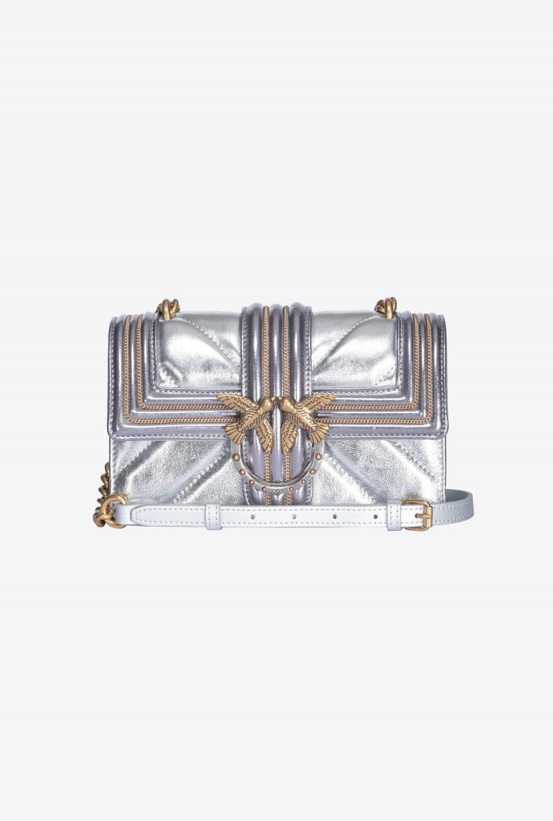 SILVER-ANTIQUE GOLD Pinko Laminated Mini Love Bag One with chain embroidery | PMYER95418
