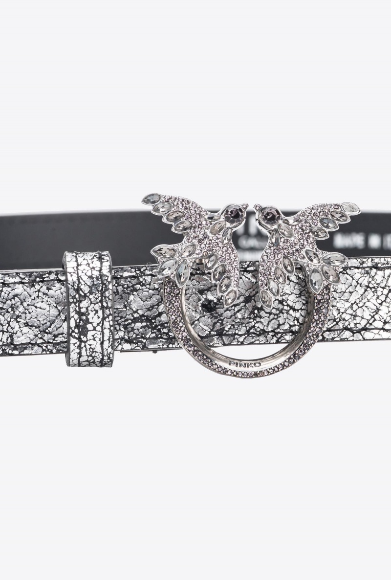 SILVER-OLD SILVER Pinko Galleria thin crackle-effect crocodile leather belt with Love Birds 2cm | AMYWC12308