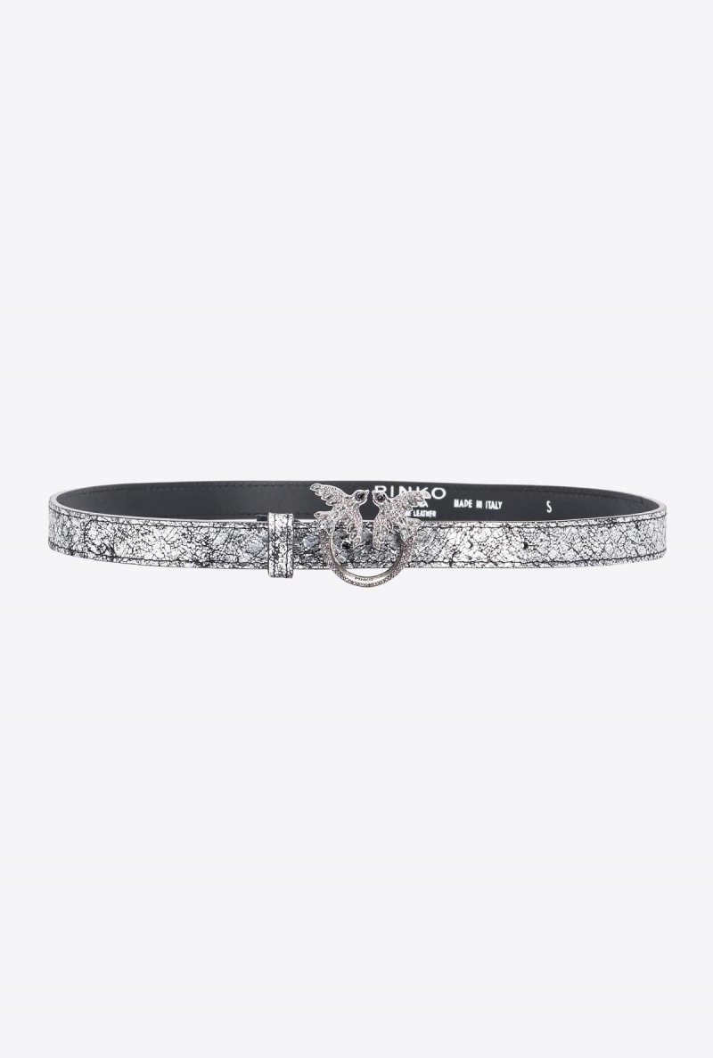 SILVER-OLD SILVER Pinko Galleria thin crackle-effect crocodile leather belt with Love Birds 2cm | AMYWC12308