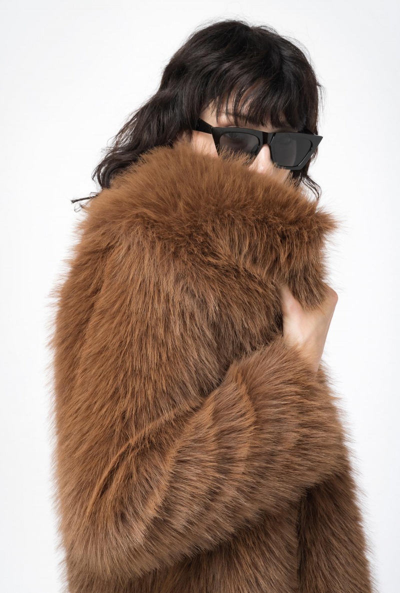 SOIL BROWN Pinko Fur-effect pea coat | MYQAV77086