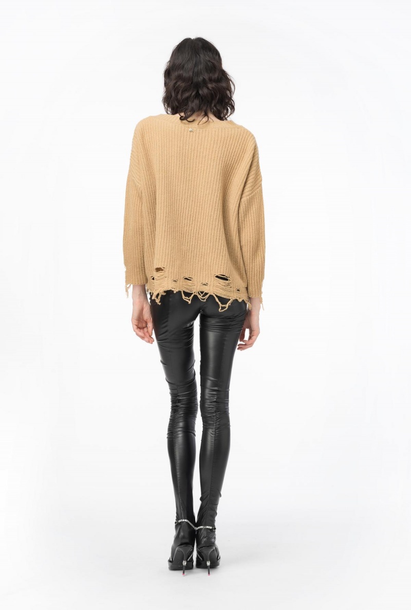 TANNIN BEIGE Pinko Ribbed pullover with rips | AMYWC93614