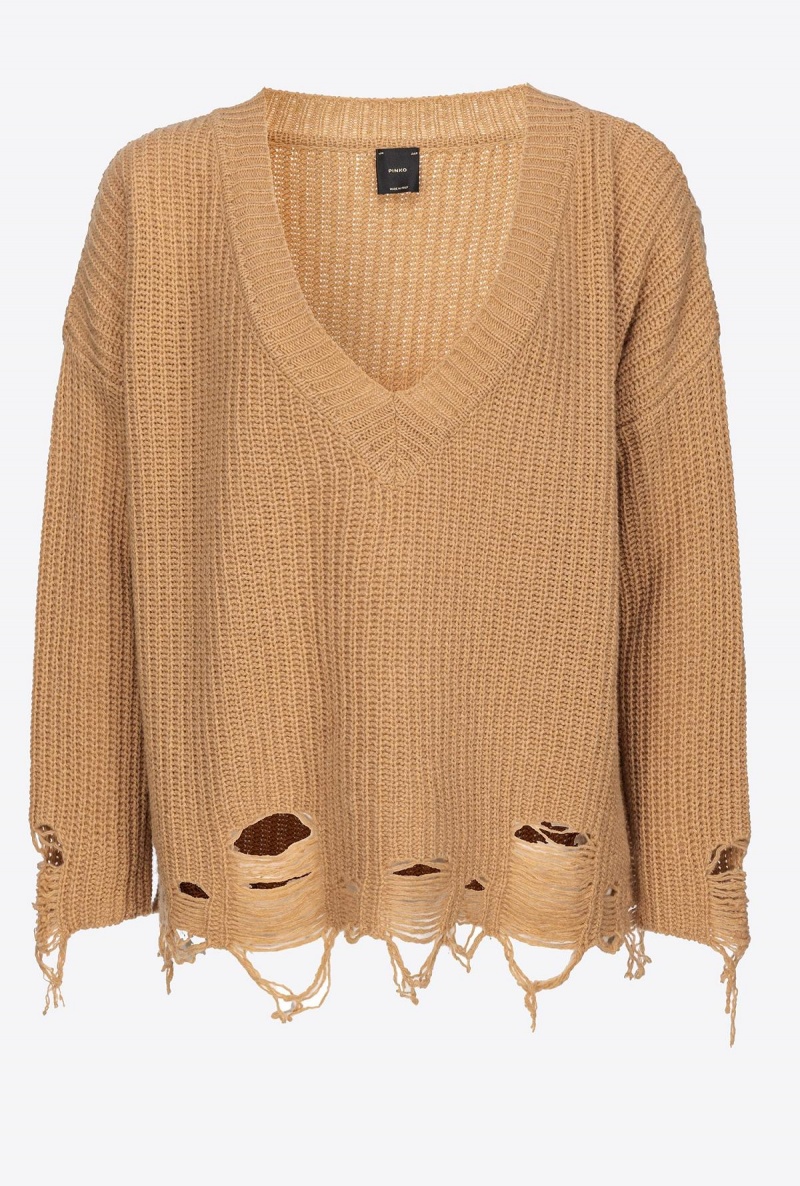TANNIN BEIGE Pinko Ribbed pullover with rips | AMYWC93614